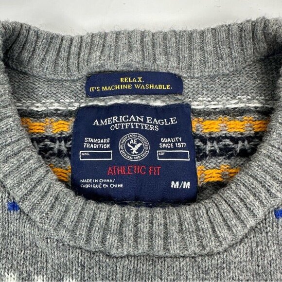 American Eagle Men’s Gray Fair Isle Crew Neck Coastal Grandpa Knit Sweater M/C40 - Picture 5 of 10